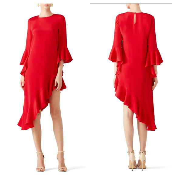 ALEXIS Hazel Bell Sleeve Asymmetric Ruffle Silk Midi Dress Red Size M $565 - Picture 14 of 15